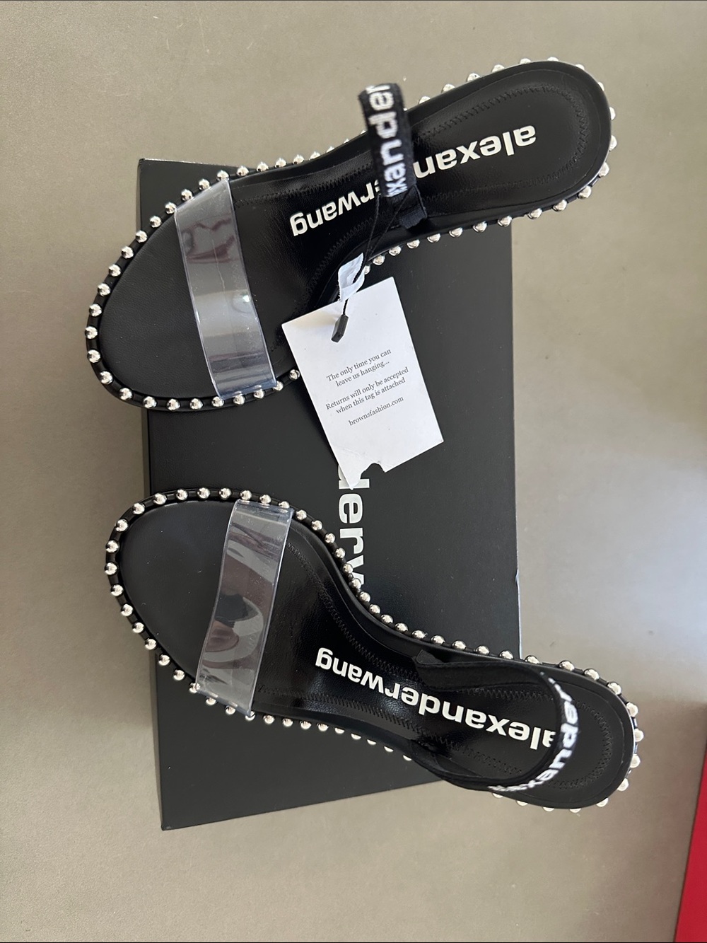 Alexander Wang Black Slides with Clear Toe Band and Silver Stud Trim